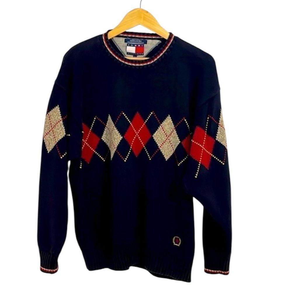 90’s Tommy Hilfiger Argyle Sweater, Christmas, Navy, Red, crew, Large